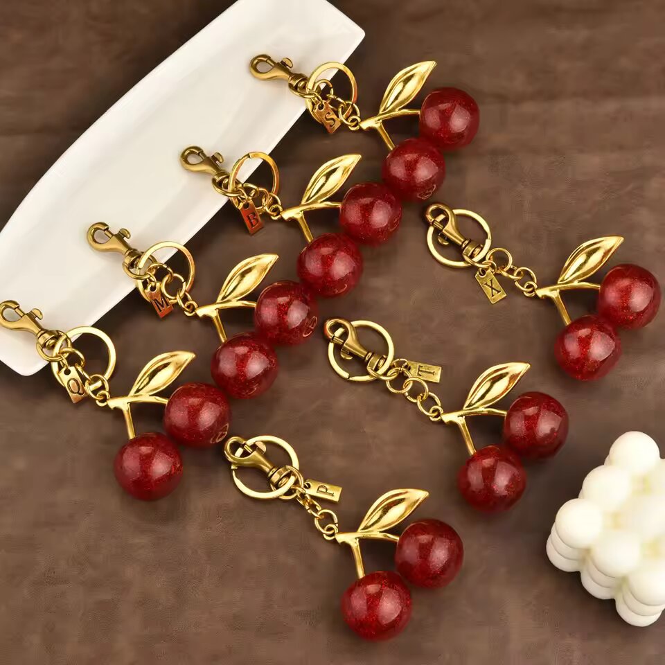 Fashion Delicious Red Cherry Keychain 26 Letter Brand Pendant Cherries Pendant Keyring For Women Jewelry Bag Accessories Gift