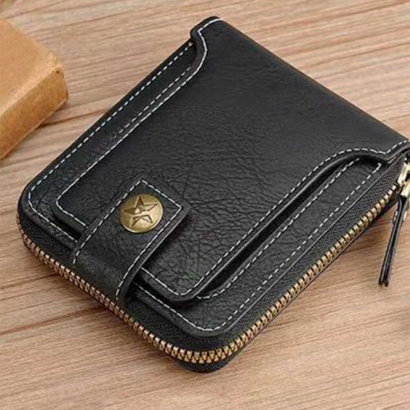 European and American Style Men's Buckle Money Clip Pu Leather Short Zipper Tri-fold Wallet