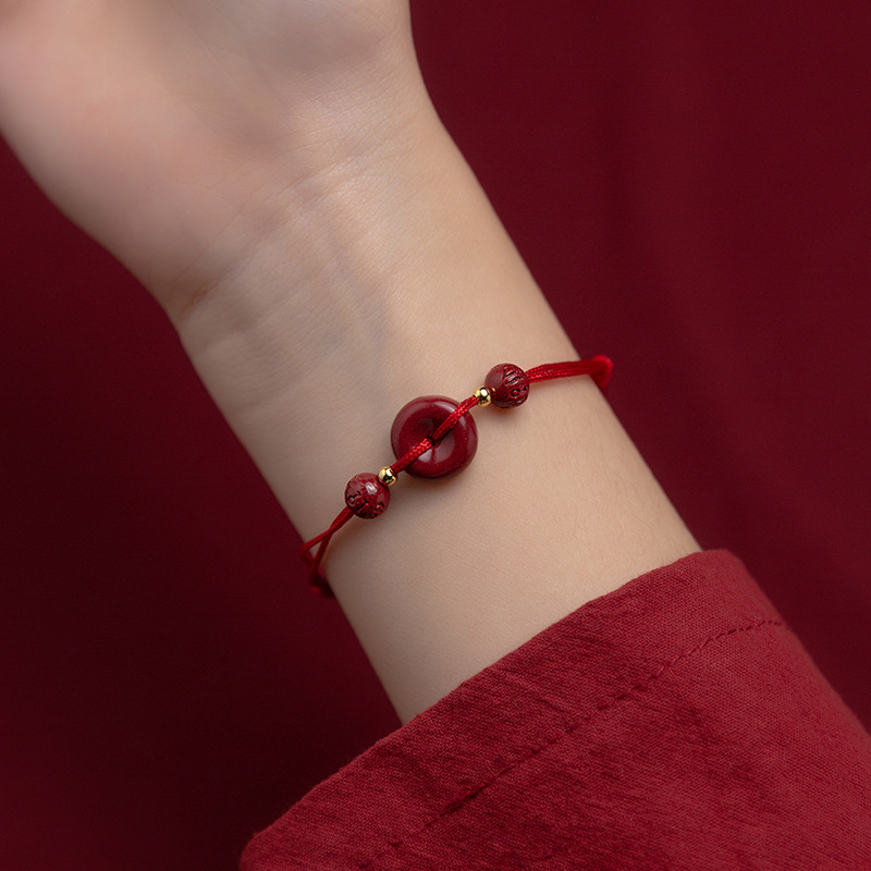 Lucky Red Cinnabar Rope Bracelets Adjustable Natural Zinnober Gemstone Braided Bracelet for Women Men